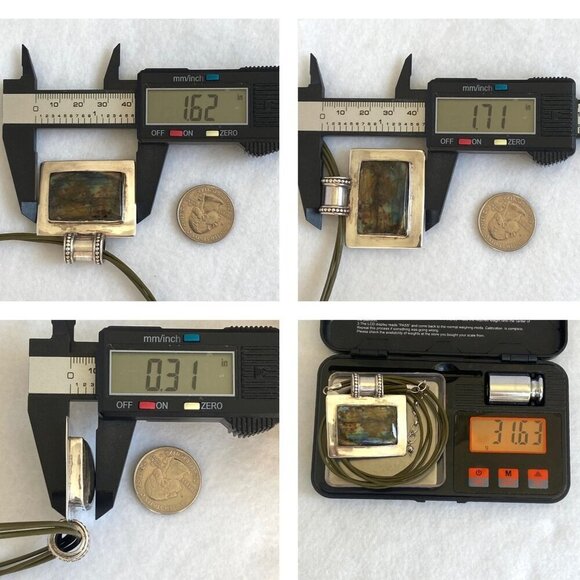 Sterling Silver 925 Chunky Rectangular Labradorite Slide Pendant Necklace 18" - Picture 10 of 16